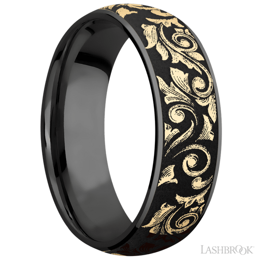 Lashbrook 7mm Domed Zirconium Wedding Band — Western Scroll Pattern — Z7D16/14KY/LCVWESTERNSCROLL/A