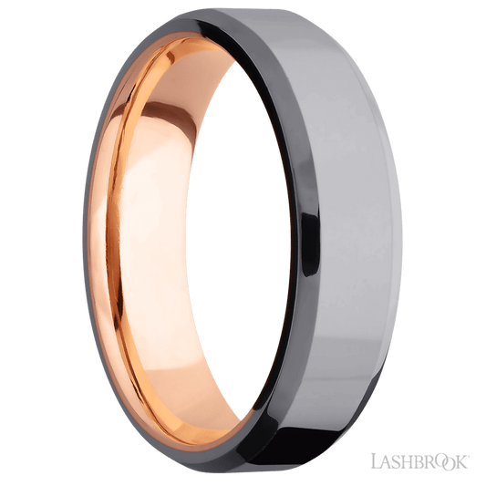 6 mm wide Beveled Tantalum band featuring a 14K Rose Gold sleeve.