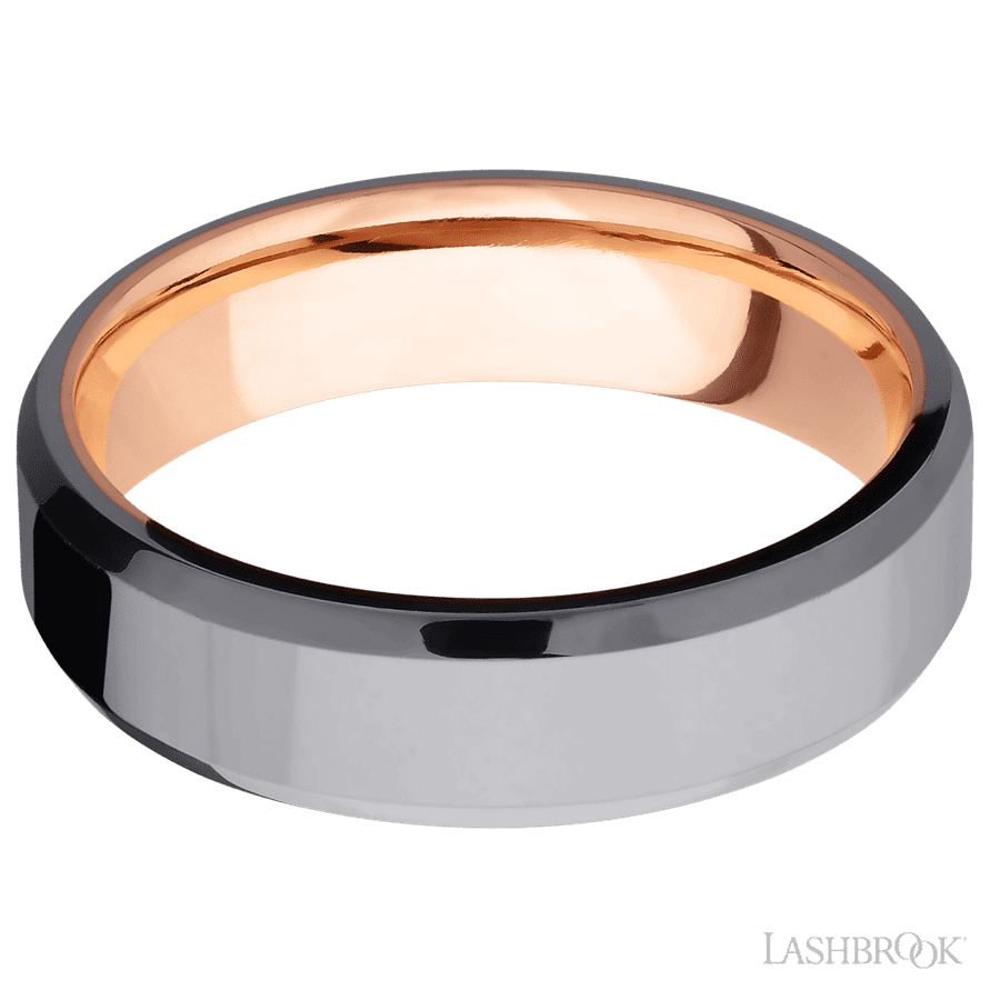 Lashbrook 6mm Beveled Tantalum Wedding Band — 14K Rose Gold Sleeve