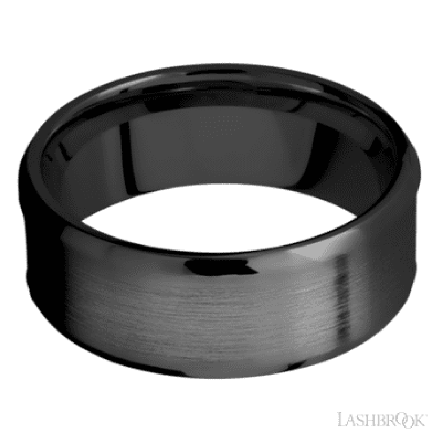 8 mm wide/Beveled/Zirconium band with one 5 mm Centered inlay of Desert Iron Wood.