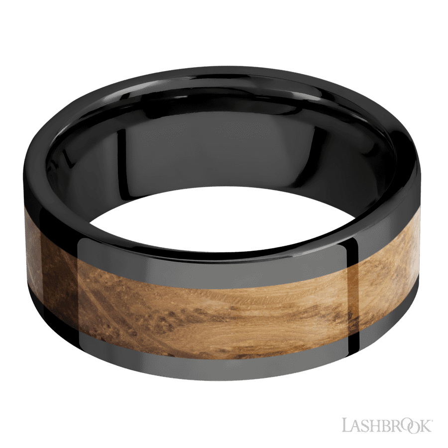 Lashbrook 8mm Flat Zirconium Wedding Band — Whiskey Barrel Inlay