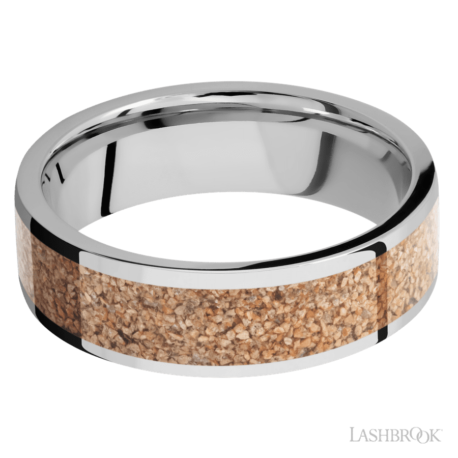 7 mm wide/Flat/Cobalt Chrome band with one 5 mm Centered inlay of Dinosaur Bone Tan.