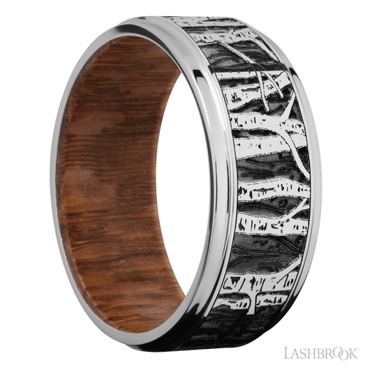 Lashbrook 9mm Flat Grooved Edges Cobalt Chrome Wedding Band — Aspen Pattern