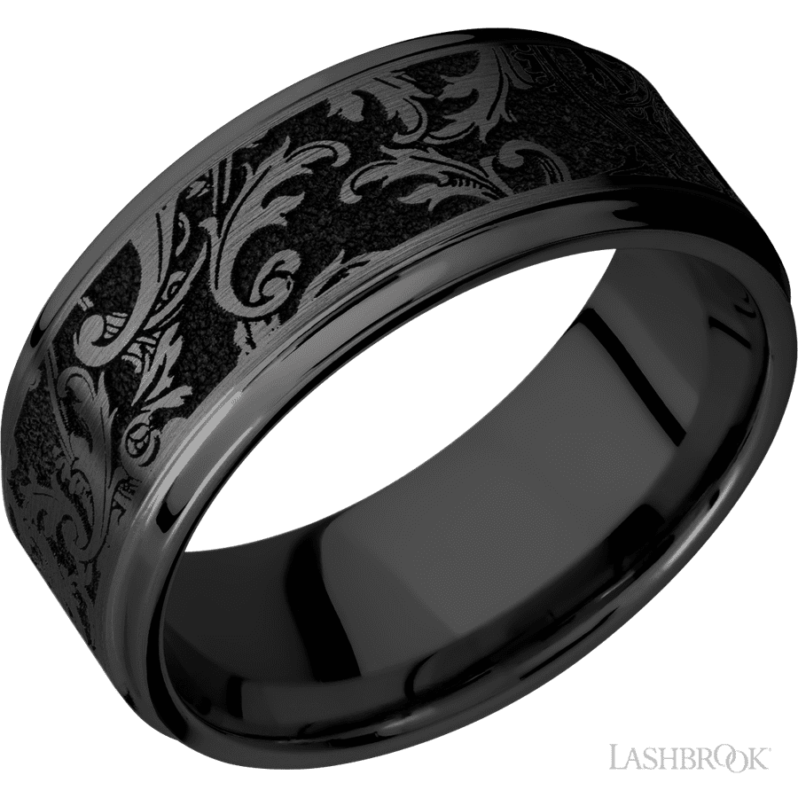 9 mm wide/Flat Grooved Edges/Zirconium band with a laser carved Black Leaf pattern.
