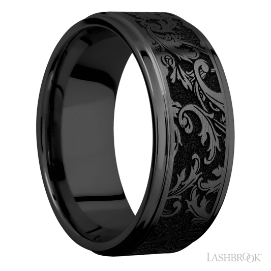 Lashbrook 9mm Flat Grooved Edges Zirconium Wedding Band — Black Leaf Pattern