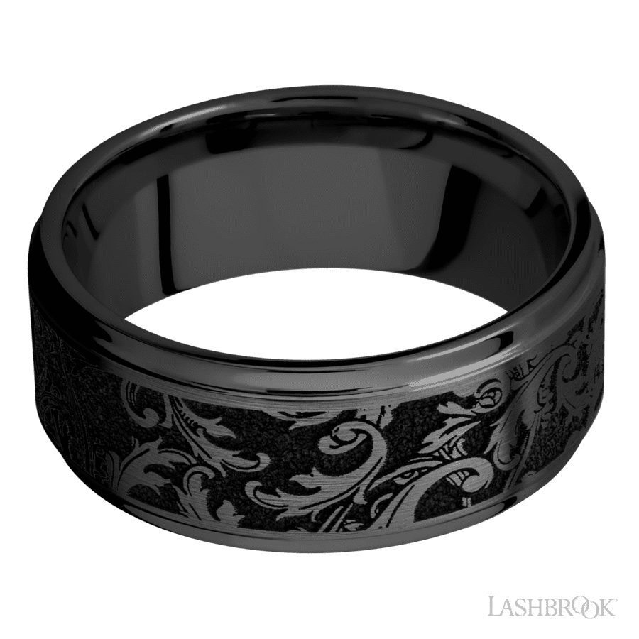 9 mm wide/Flat Grooved Edges/Zirconium band with a laser carved Black Leaf pattern.