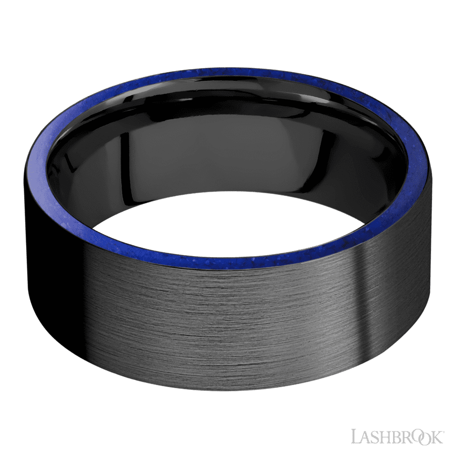 8 mm wide/Flat/Zirconium band with two 1 mm Side inlays of Lapis.