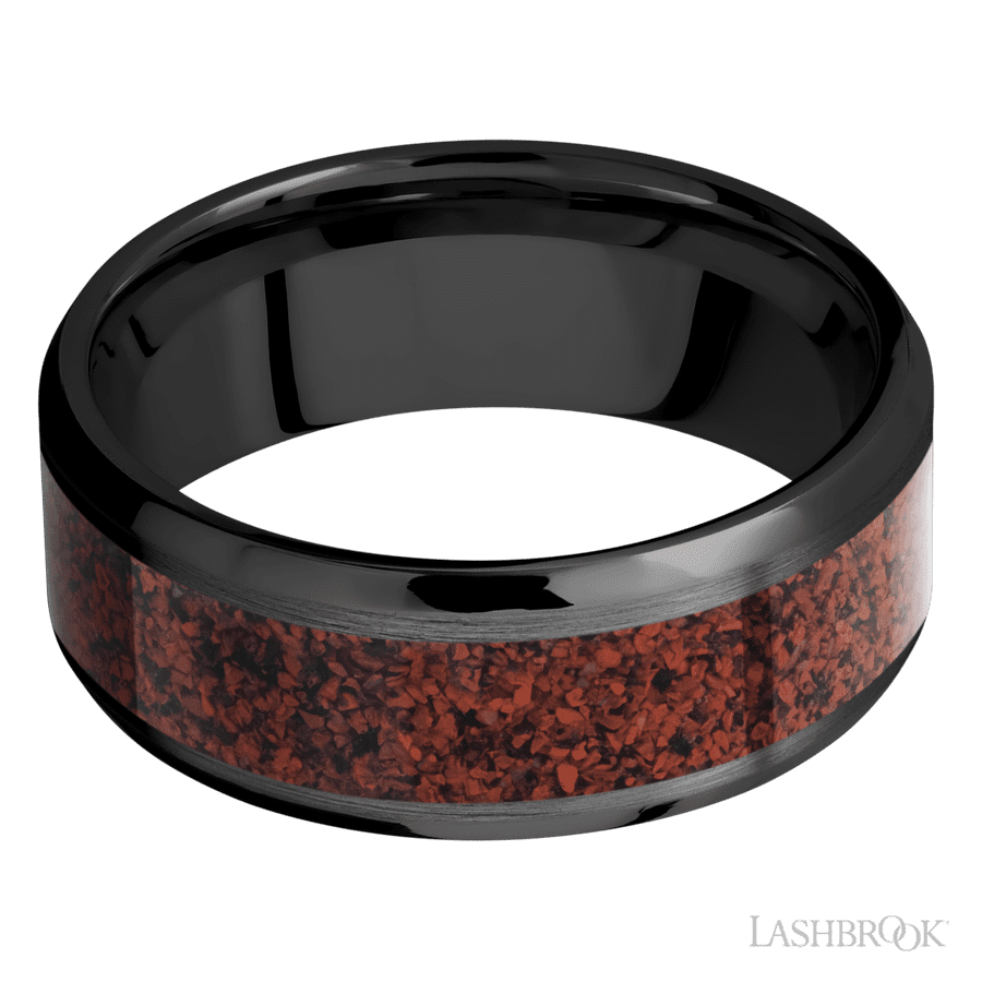8 mm wide/Beveled/Zirconium band with one 5 mm Centered inlay of Dinosaur Bone Red.