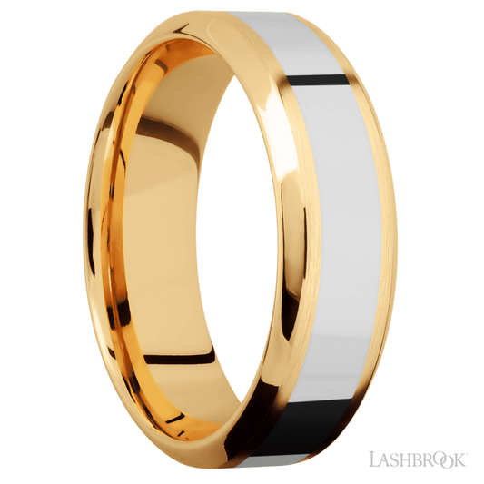 7 mm wide/High Bevel/14K Yellow Gold band with one 3 mm Centered inlay of 14K White Gold.