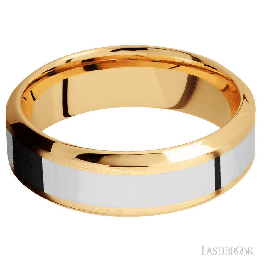 Lashbrook 7mm High Bevel 14K Yellow Gold Wedding Band — 14K White Gold Inlay