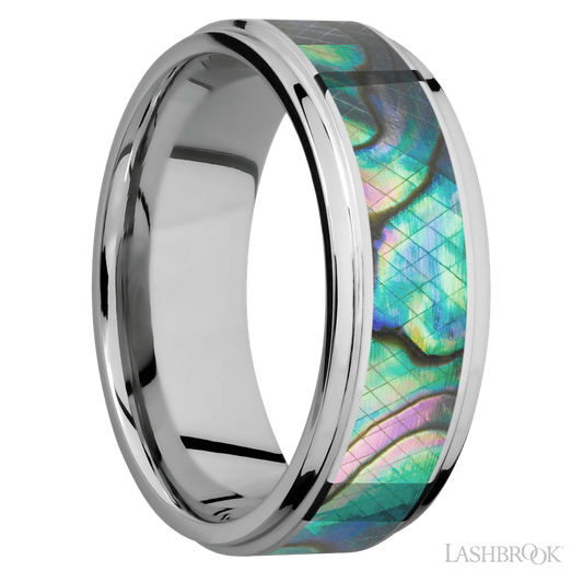 Lashbrook 8mm Flat Grooved Edges Cobalt Chrome Wedding Band — Abalone Inlay