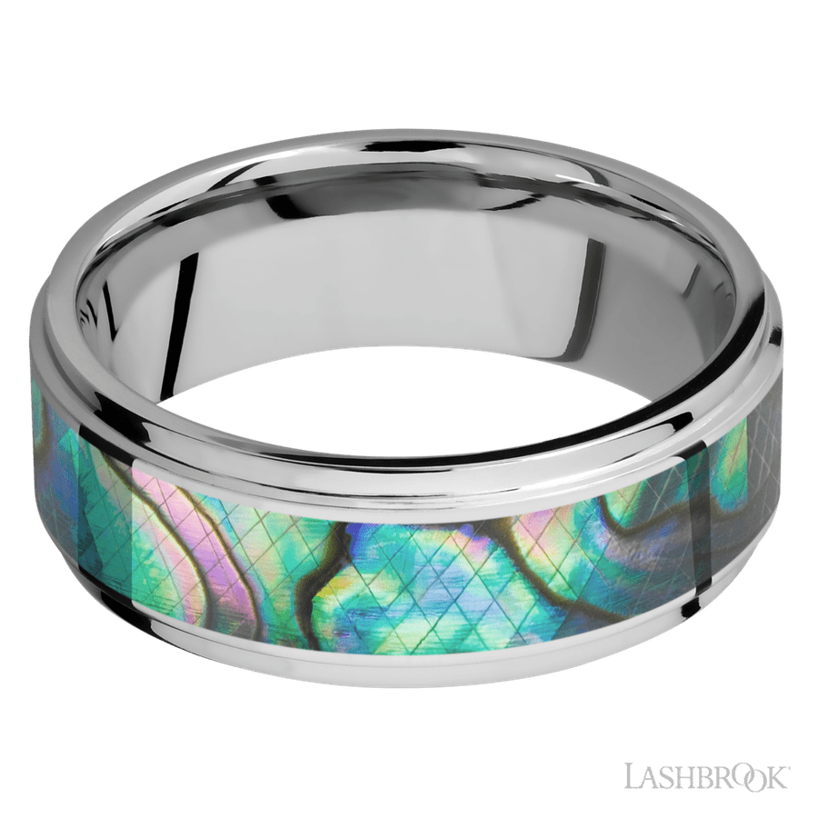 Lashbrook 8mm Flat Grooved Edges Cobalt Chrome Wedding Band — Abalone Inlay