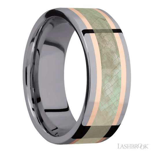 8 mm wide/Flat/Tantalum band featuring inlays of 14K Rose Gold and Freshwater Mother of Pearl.