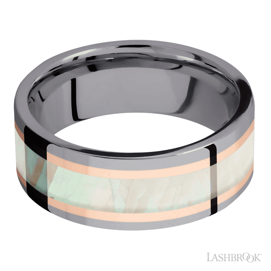 8 mm wide/Flat/Tantalum band featuring inlays of 14K Rose Gold and Freshwater Mother of Pearl.