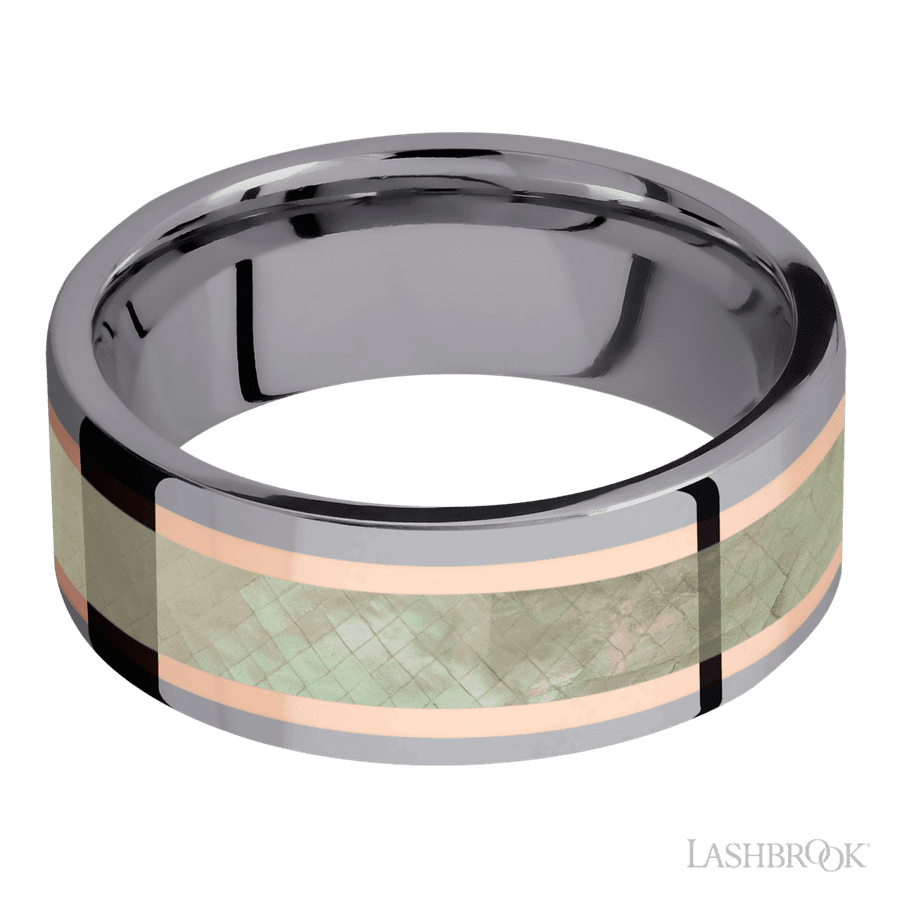 Lashbrook 8mm Flat Tantalum Wedding Band — 14K Rose Gold and Freshwater Mother of Pearl Inlay