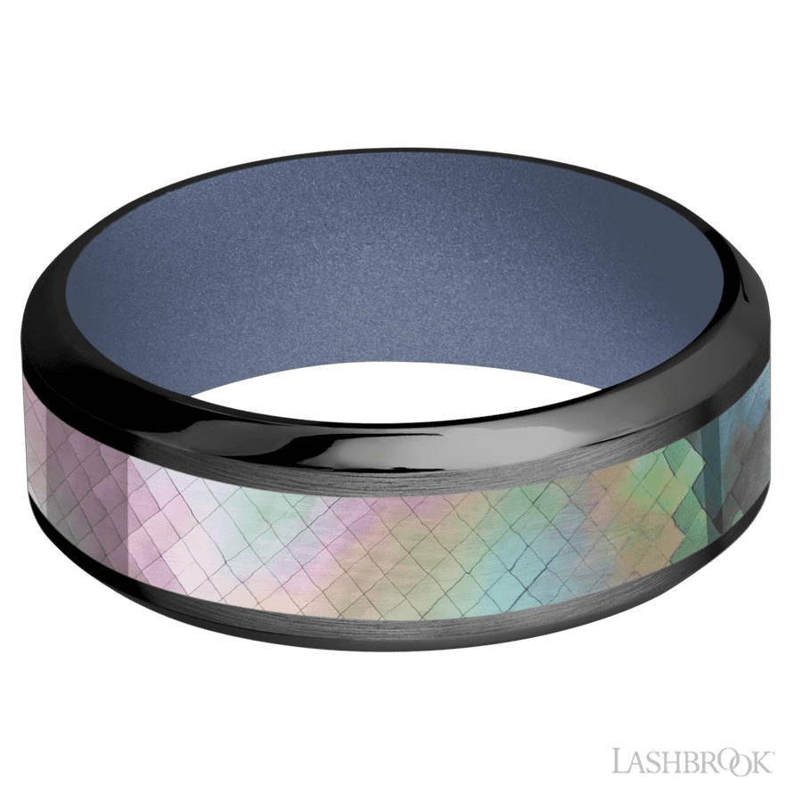 Lashbrook 8mm High Bevel Zirconium Wedding Band — Black Mother of Pearl Inlay