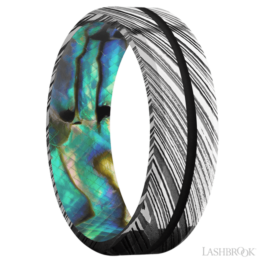 Lashbrook 7mm Beveled Woodgrain Wedding Band — Black Inlay