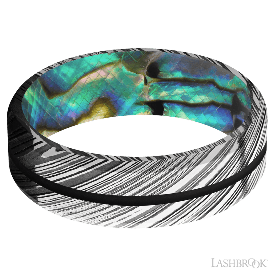 Lashbrook 7mm Beveled Woodgrain Wedding Band — Black Inlay