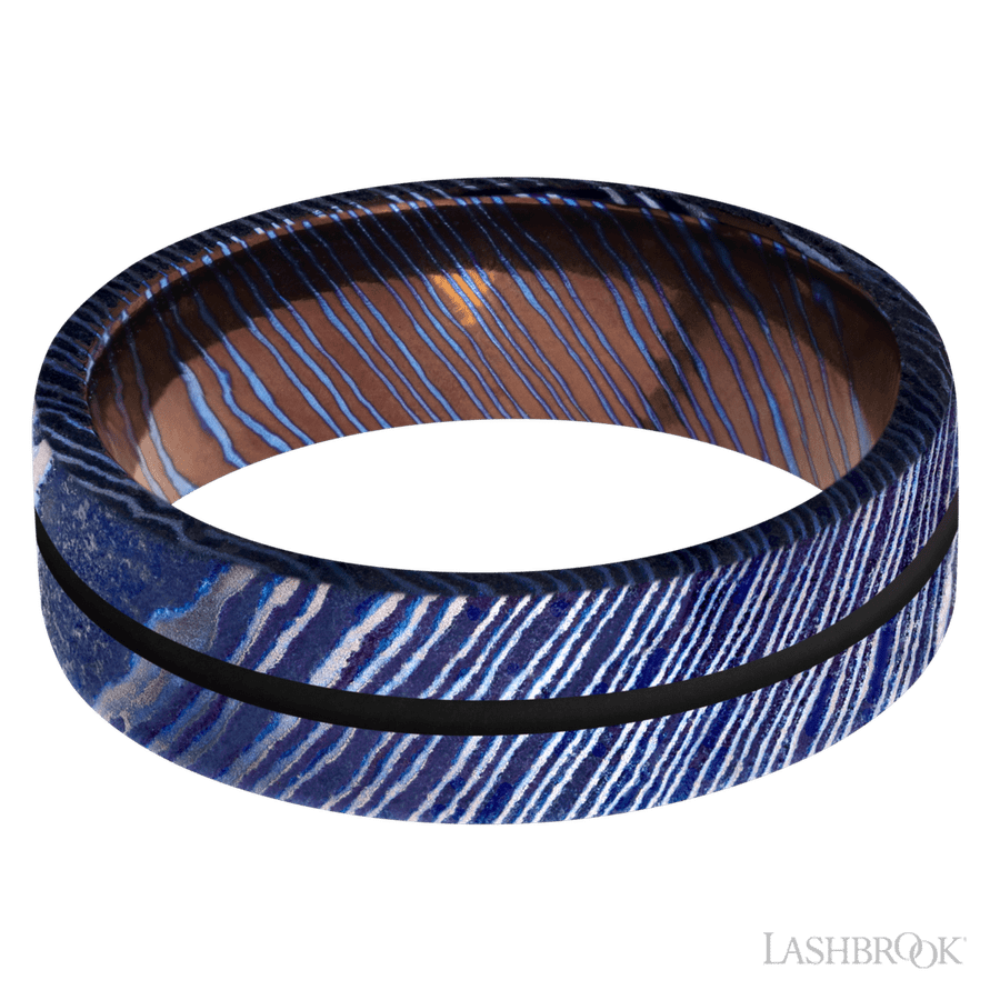 Lashbrook 7mm Flat Titanium Damascus Wedding Band — Black Inlay