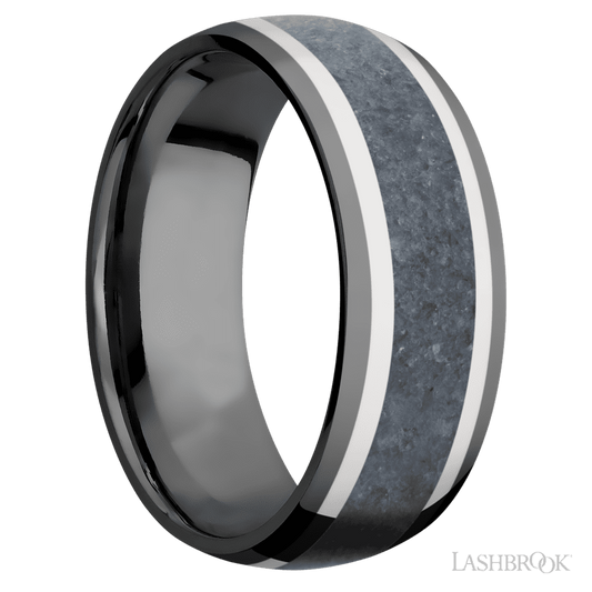 Lashbrook 8mm Domed Zirconium Wedding Band — 14K White Gold and Blue Sapphire Inlay
