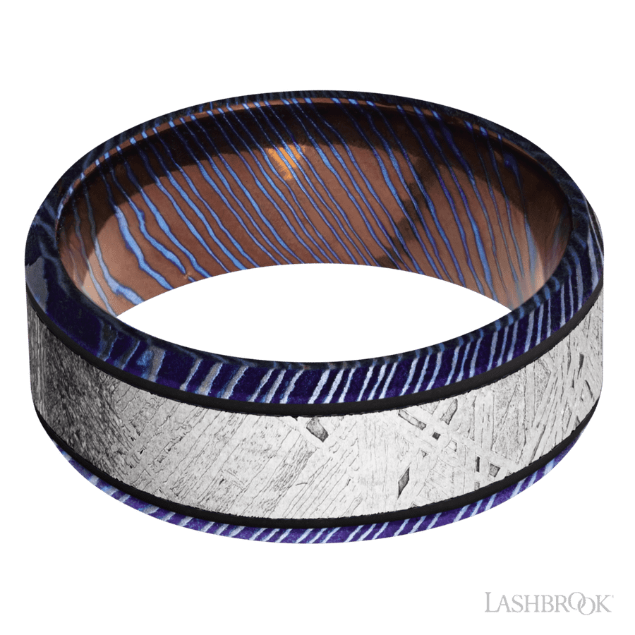 Lashbrook 8mm Beveled Titanium Damascus Wedding Band — Meteorite Inlay