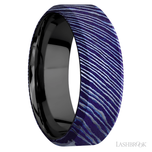 Lashbrook 8mm High Bevel Titanium Damascus Wedding Band — Zirconium Sleeve