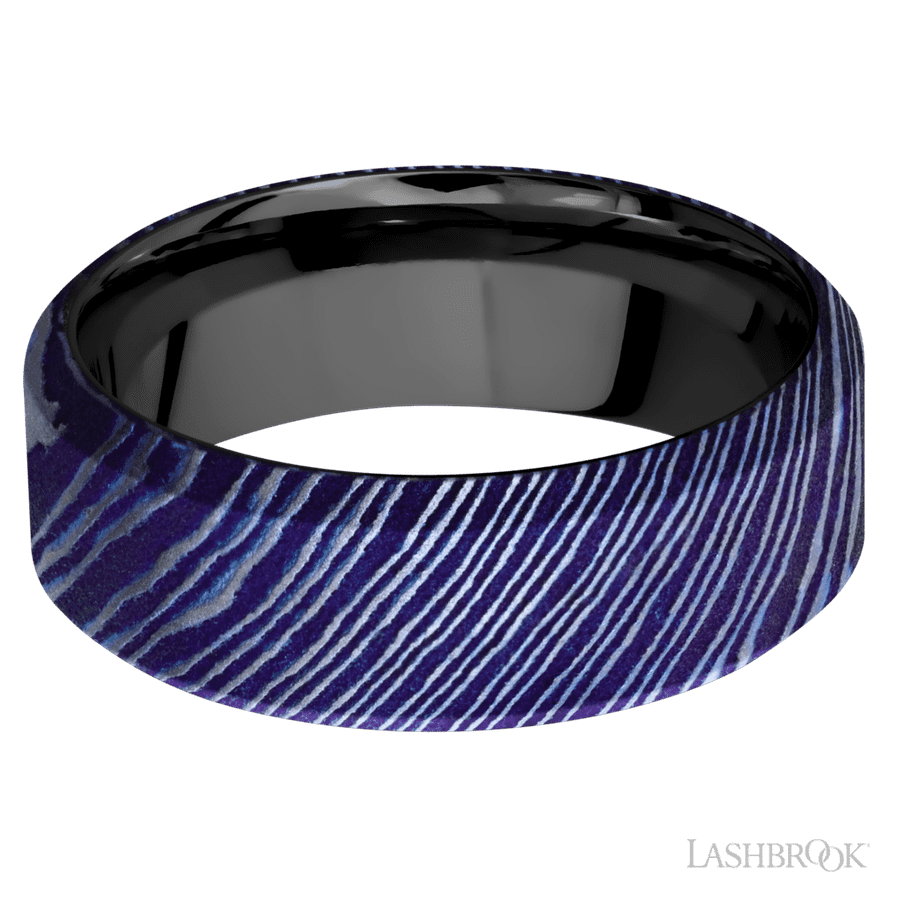 Lashbrook 8mm High Bevel Titanium Damascus Wedding Band — Zirconium Sleeve