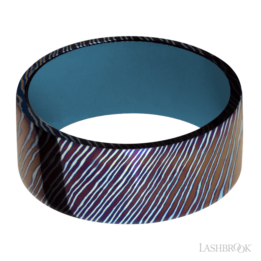 Lashbrook 9mm Flat Titanium Damascus Wedding Band — Royal Blue Sleeve