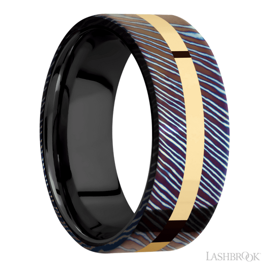 8 mm wide/Flat/Titanium Damascus band with one 2 mm Centered inlay of 14K Yellow Gold also featuring a Zirconium sleeve.