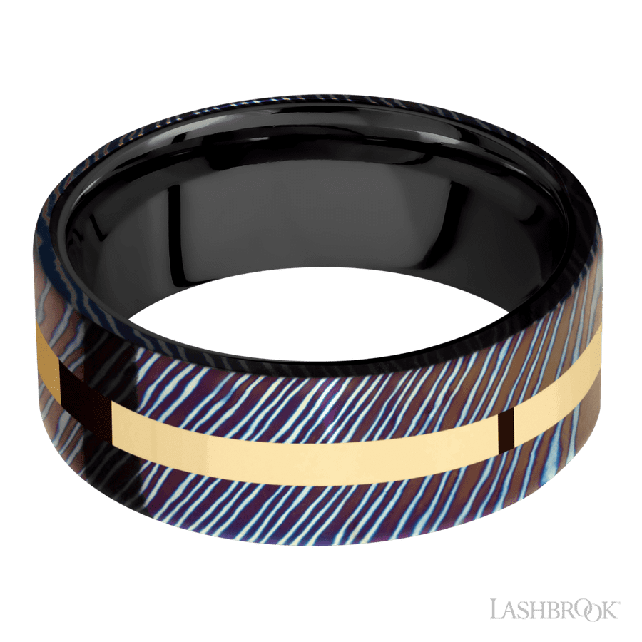Lashbrook 8mm Flat Titanium Damascus Wedding Band — 14K Yellow Gold Inlay