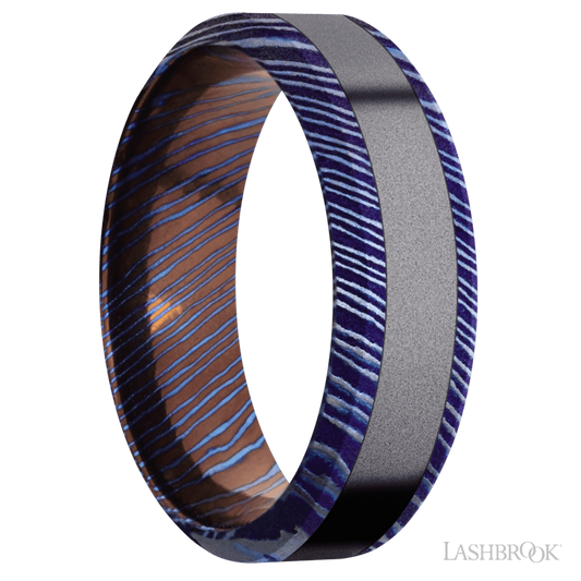 Lashbrook 7mm High Bevel Titanium Damascus Wedding Band — Tantalum Inlay