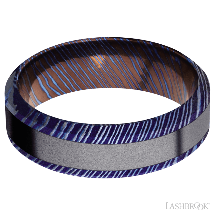 Lashbrook 7mm High Bevel Titanium Damascus Wedding Band — Tantalum Inlay
