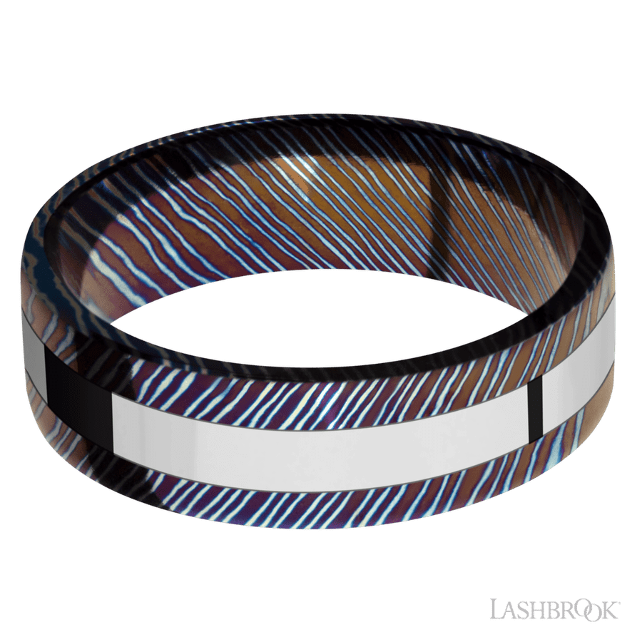 Lashbrook 7mm Flat Titanium Damascus Wedding Band — Cobalt Chrome Inlay