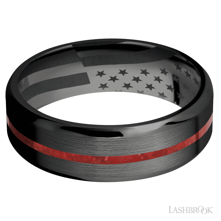 Lashbrook 7mm Beveled Zirconium Wedding Band — Coral Inlay