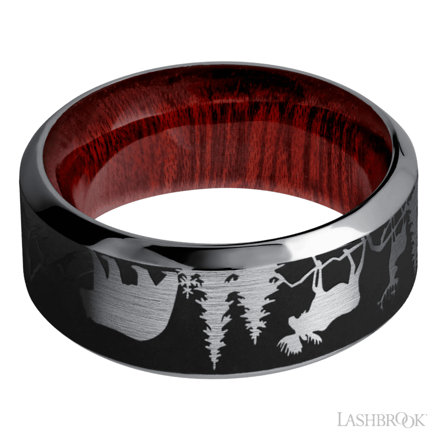 Lashbrook 9mm High Bevel Tantalum Wedding Band — Bear Moose Deer Mountain Pattern