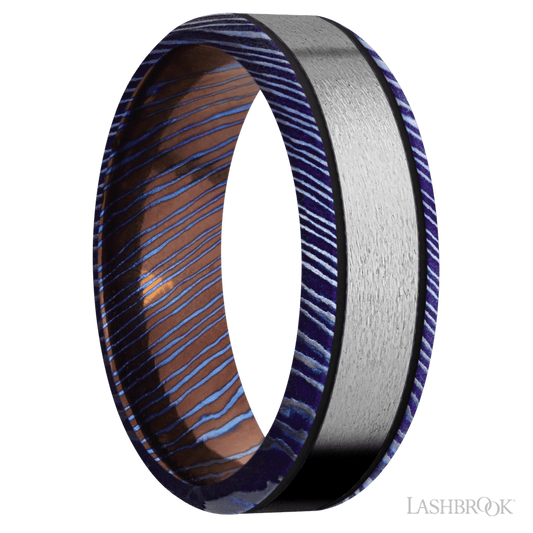Lashbrook 7mm Beveled Titanium Damascus Wedding Band — Titanium Inlay