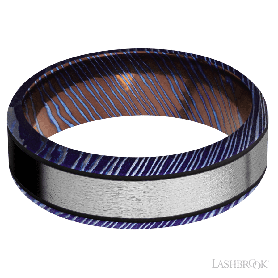 Lashbrook 7mm Beveled Titanium Damascus Wedding Band — Titanium Inlay