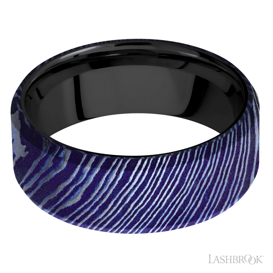 Lashbrook 8mm Beveled Titanium Damascus Wedding Band — Zirconium Sleeve
