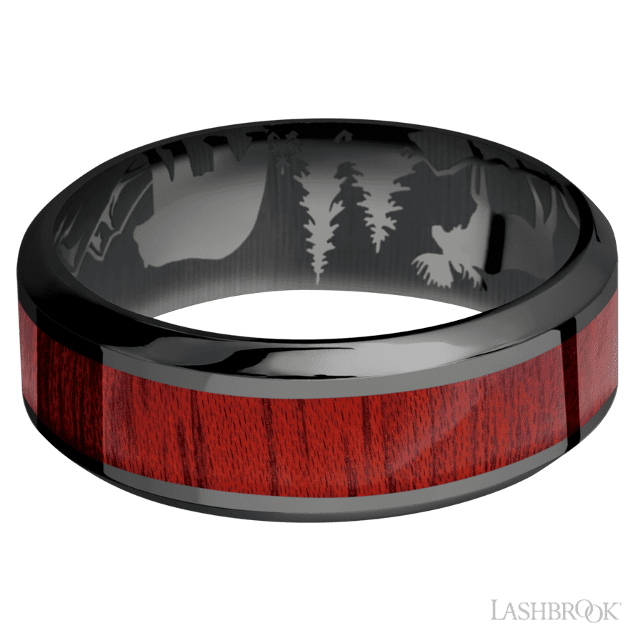 Lashbrook 8mm High Bevel Zirconium Wedding Band — Blood Wood Inlay