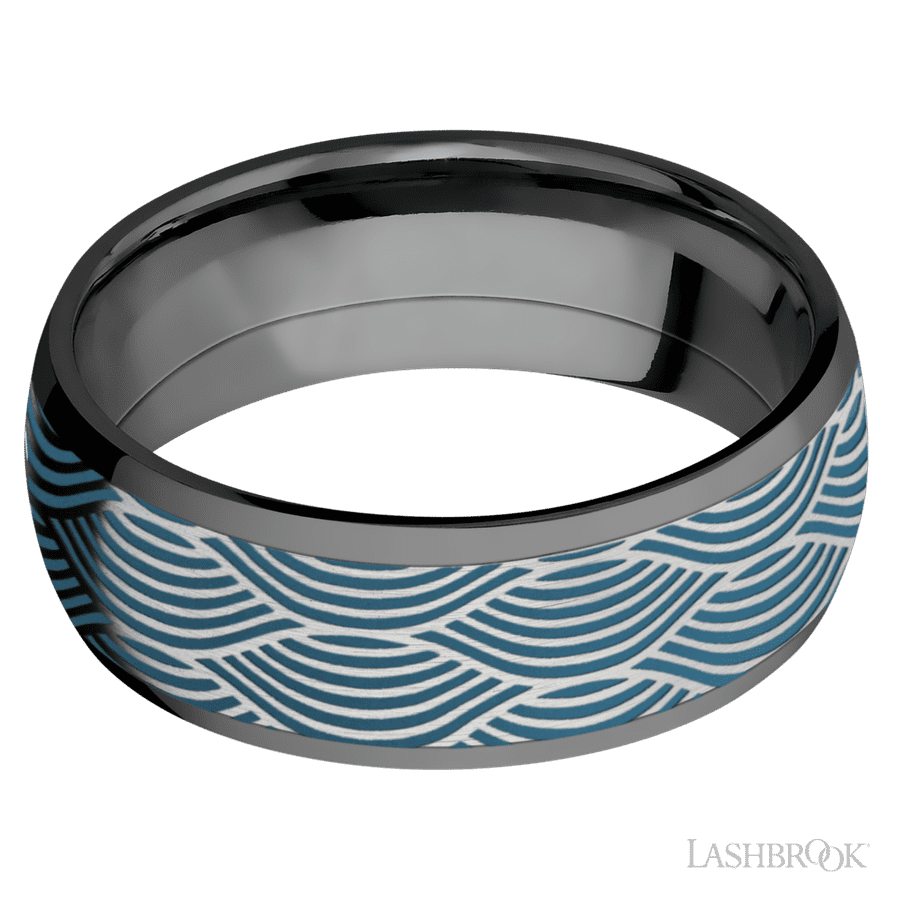 8 mm wide/Domed/Zirconium band with one 6 mm Centered inlay of Cobalt Chrome with a laser carved Navigator pattern.