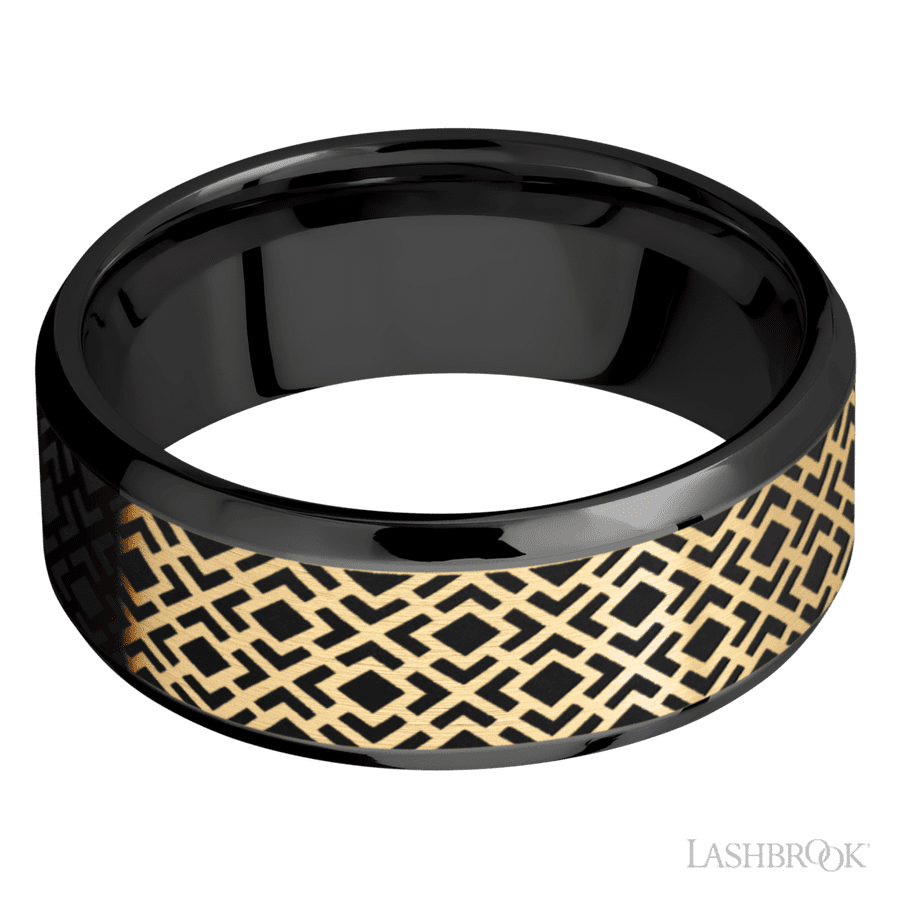 Lashbrook 8mm Beveled Zirconium Wedding Band — Trellis 2 Pattern