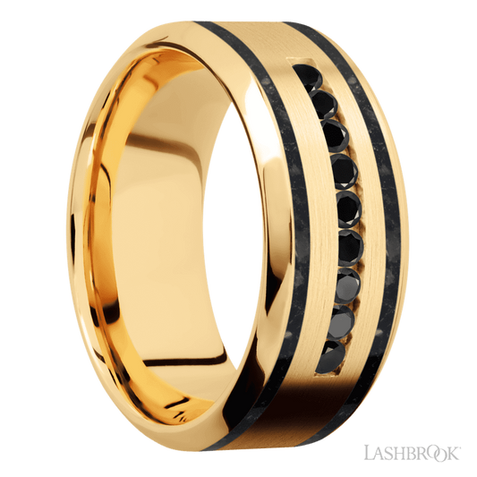 9 mm wide/High Bevel/14K Yellow Gold band with two 1 mm Wide inlays of Black Onyx and featuring an arrangement of 9, .03 carat Round Black Diamond stones in a Channel setting