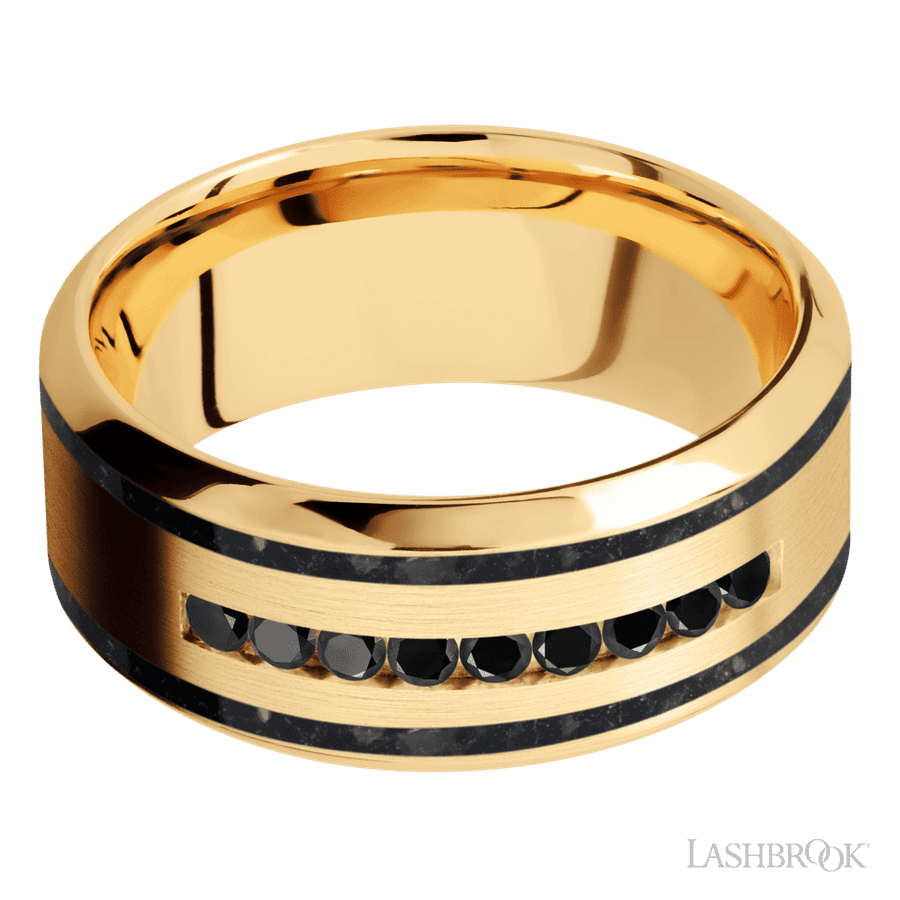 9 mm wide/High Bevel/14K Yellow Gold band with two 1 mm Wide inlays of Black Onyx and featuring an arrangement of 9, .03 carat Round Black Diamond stones in a Channel setting