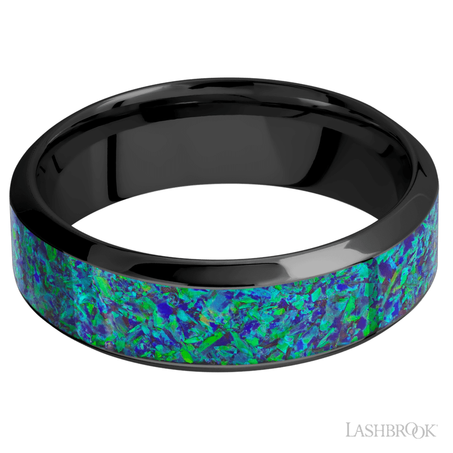 7 mm wide/High Bevel/Zirconium band with one 4 mm Centered inlay of Green Opal.