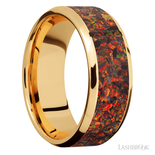 8 mm wide/Beveled/14K Yellow Gold band with one 6 mm Centered inlay of Red Opal.