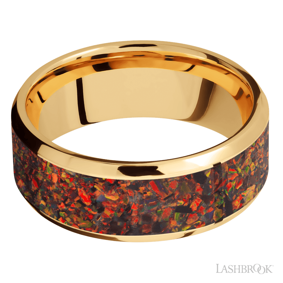 Lashbrook 8mm Beveled 14K Yellow Gold Wedding Band — Red Opal Inlay