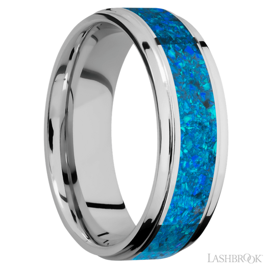 Lashbrook 7mm Flat Grooved Edges Cobalt Chrome Wedding Band — Blue Opal Inlay