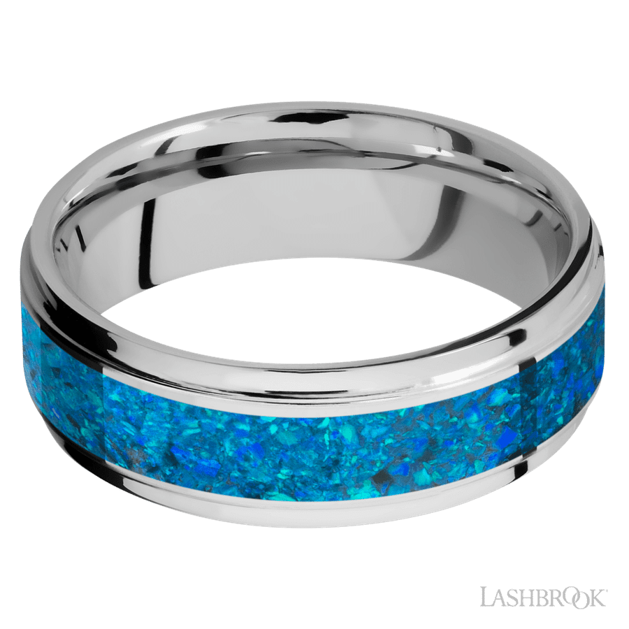 7 mm wide/Flat Grooved Edges/Cobalt Chrome band with one 4 mm Centered inlay of Blue Opal.