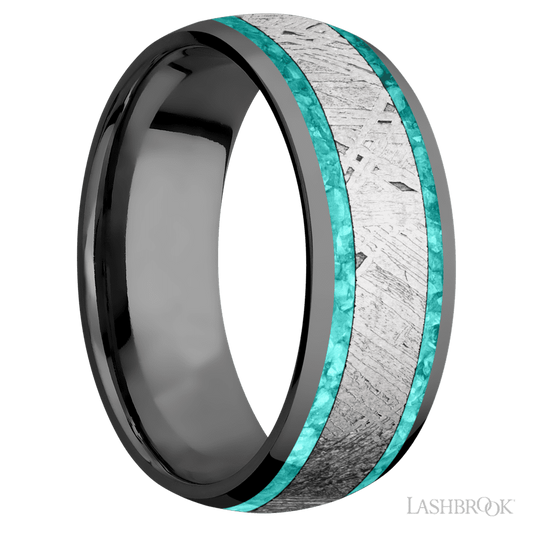 Lashbrook 8mm Domed Zirconium Wedding Band — Teal Opal and Meteorite Inlay