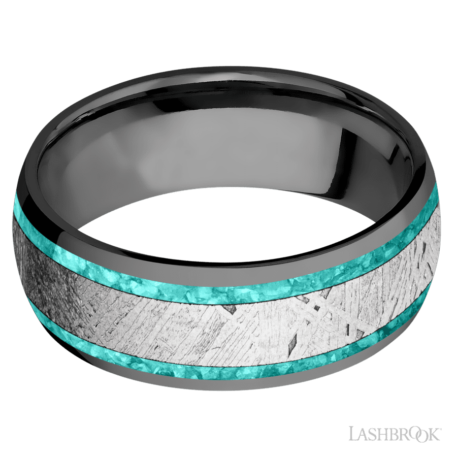 Lashbrook 8mm Domed Zirconium Wedding Band — Teal Opal and Meteorite Inlay